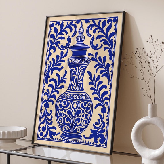 Blue Ancient Vase Poster Vintage Mediterranean Pottery Wall Art Bold Floral Cutout Design Elegant Nature Decorative Art Eclectic Print