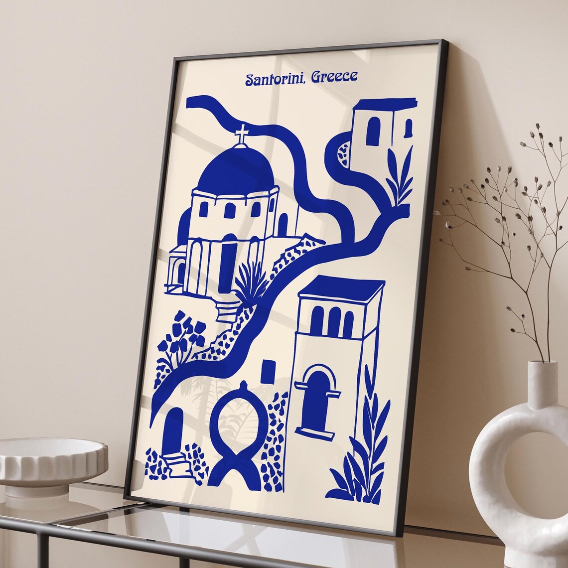 Santorini Greece Blue Indigo Churches Coastal Art Travel Print - Image 6