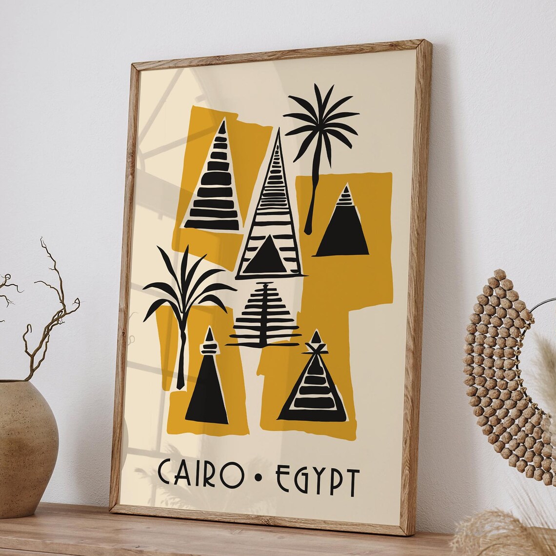 Cairo Egypt Pyramids and Palms Mustard Geometric Travel Poster