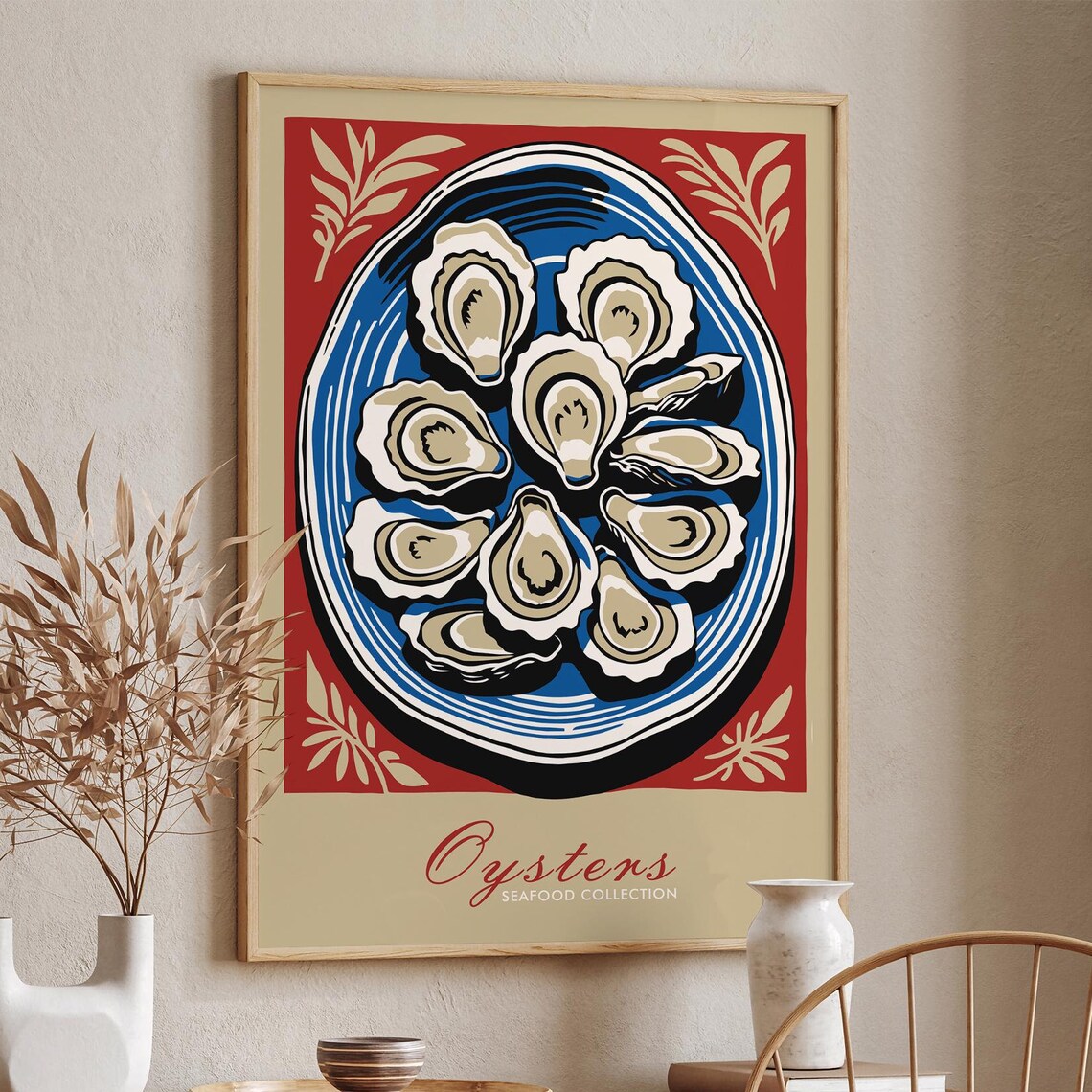 Oysters Seafood Collection Vintage Red and Blue Market Scene Poster