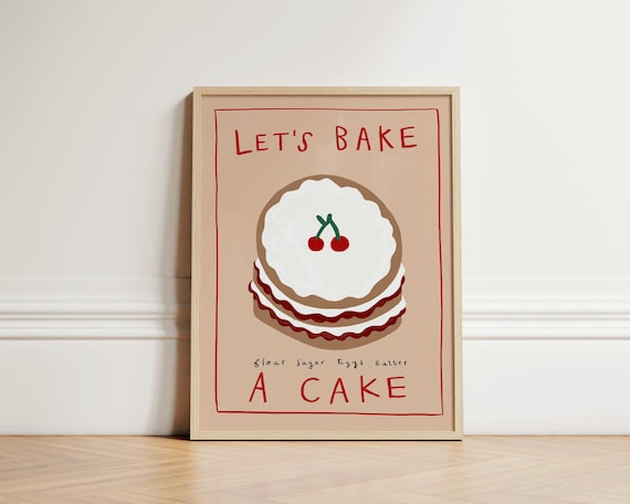 Lets Bake A Cake Illustrated Cherry Cake Baking Kitchen Poster