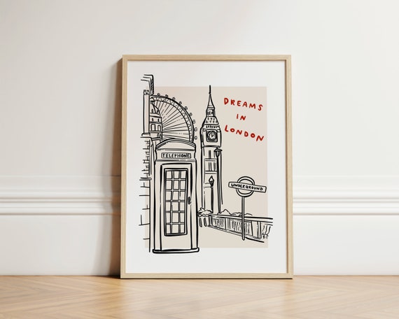 Dreams In London Print Ink Bleed Style Trendy City Poster Quirky Wall Art Apartment Decor Unframed