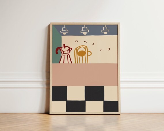 Daily Cafe Coffee Cup Moka Pot Minimalist Checker Art Poster