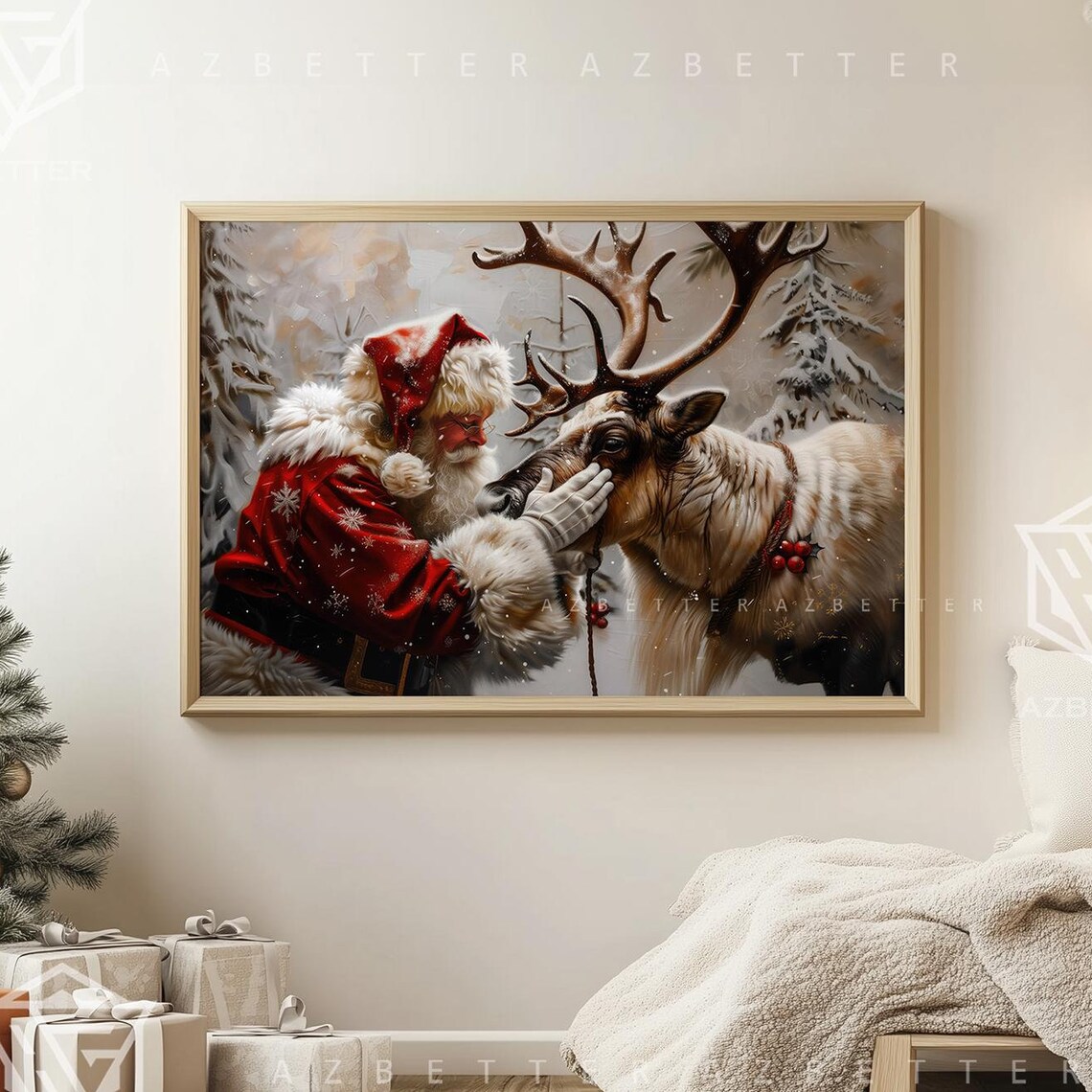 Santa Gently Petting Reindeer Snowy Forest Christmas Canvas Poster - Image 5
