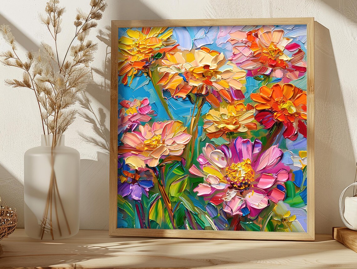 Zinnia Flowers Oil Painting Colorful Impasto Floral Garden Poster - Image 5
