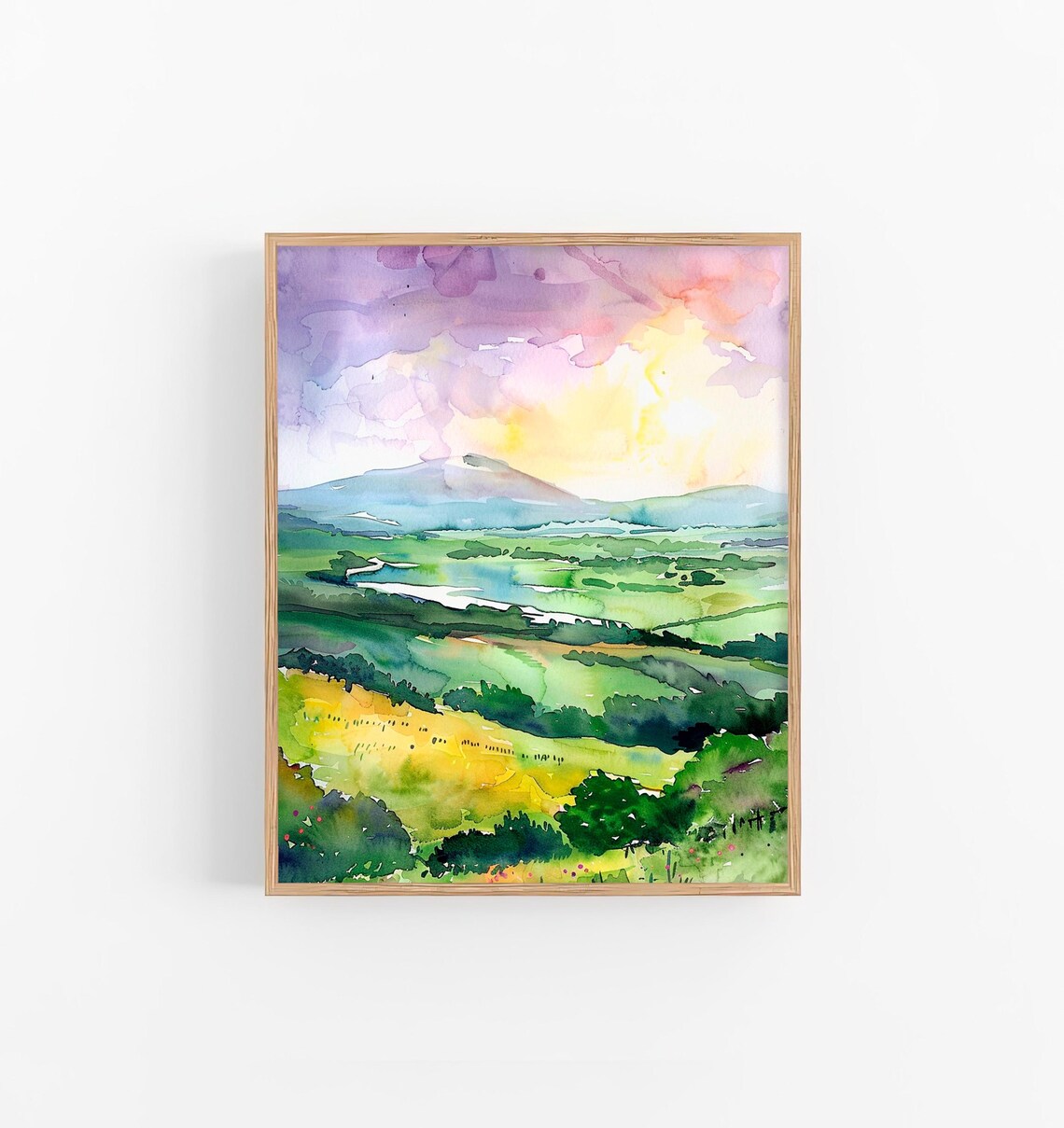 Ireland Rolling Green Mountains Valley Watercolor Landscape Poster