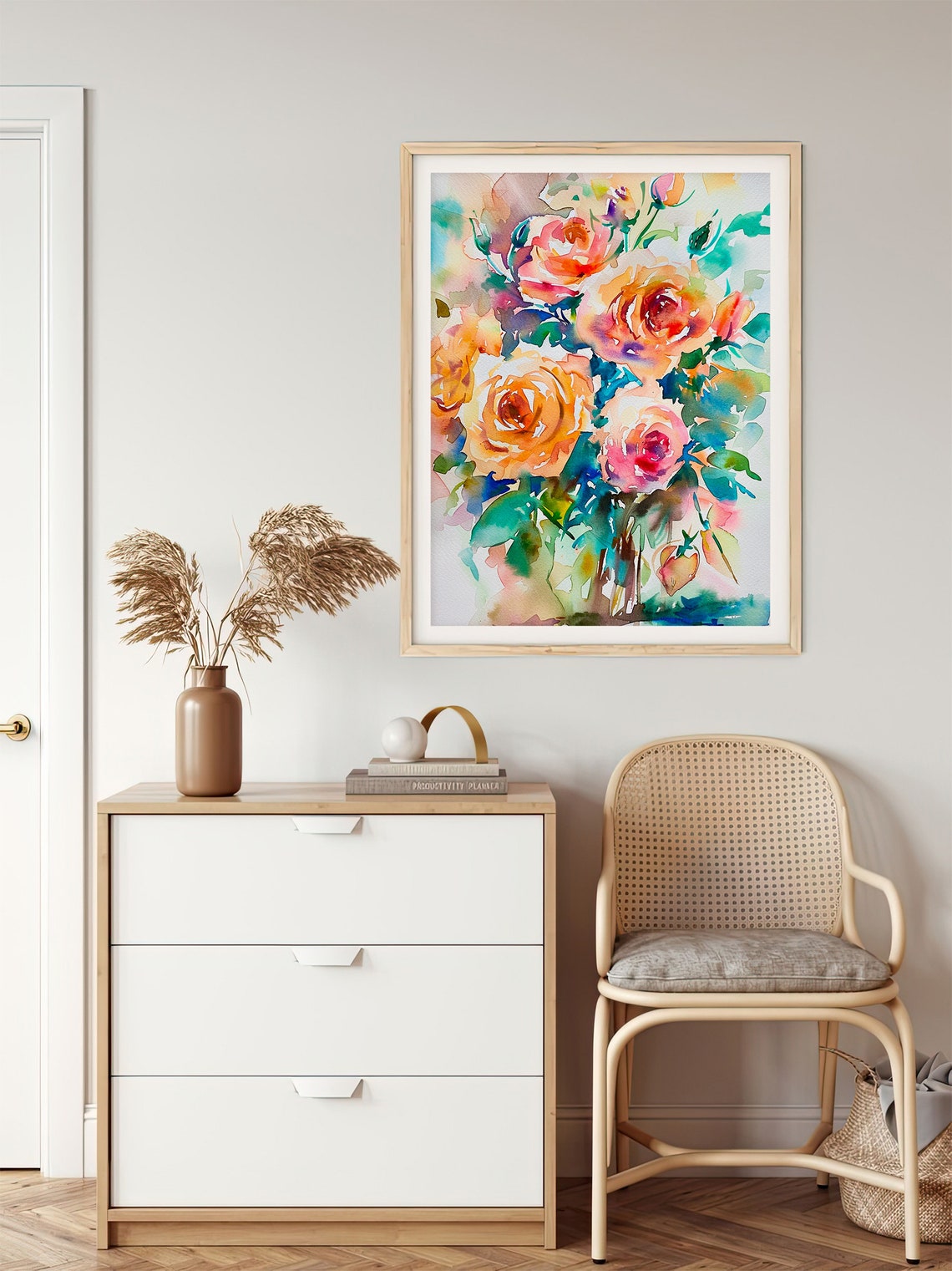 Peach Pink Roses Watercolor Floral Bouquet Romantic Scene Poster - Image 5