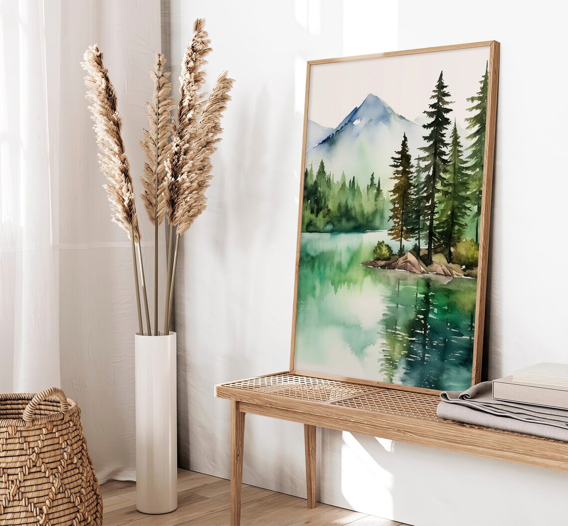 Tahoe Lake Watercolor Art Print, Foggy Mountain Scene - Image 2