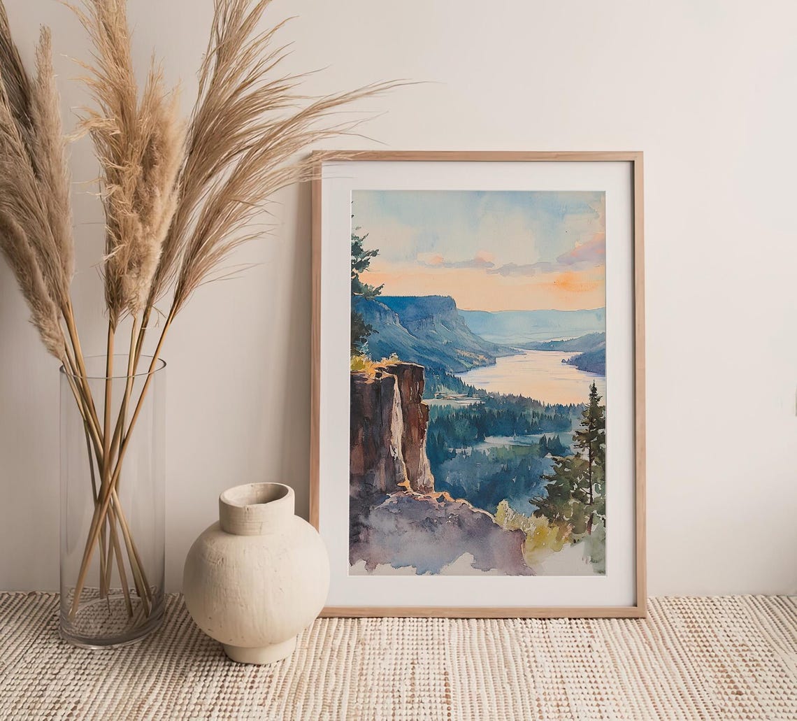 Columbia Gorge River Valley Sunset Cliffs Watercolor View Poster - Image 4