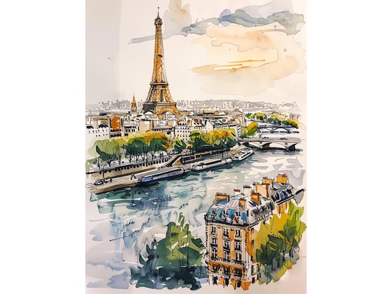 Paris Watercolor Cityscape Art Print, Eiffel Tower