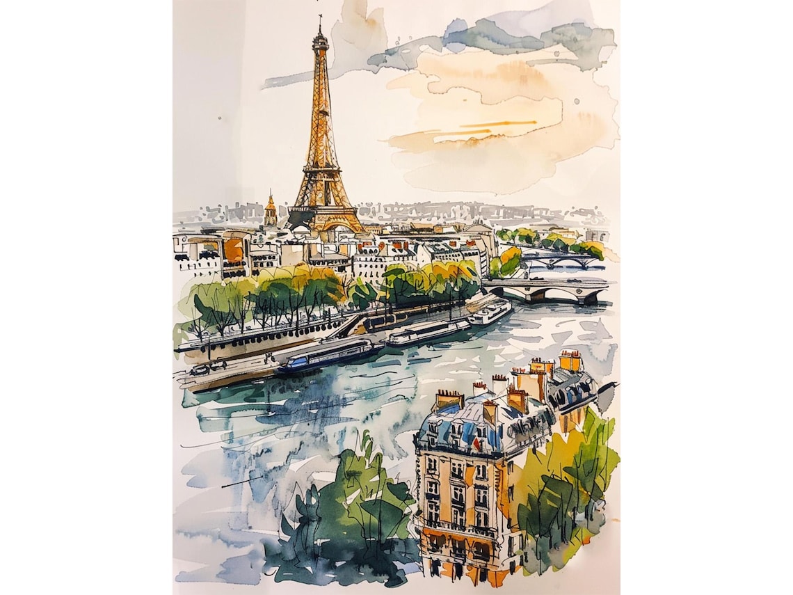 Paris Watercolor Cityscape Art Print, Eiffel Tower