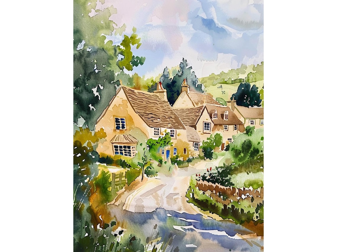 Cotswolds England Countryside Watercolor Art Print