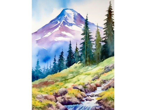 Mount Hood Art Print Pine Oregon Landscape Watercolor Painting Pine Forest Watercolor Artwork Mountains Wall Art Decor By Feelingprints