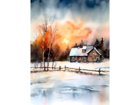 Minnesota Watercolor Art Print, Winter Forest Cabin Scene