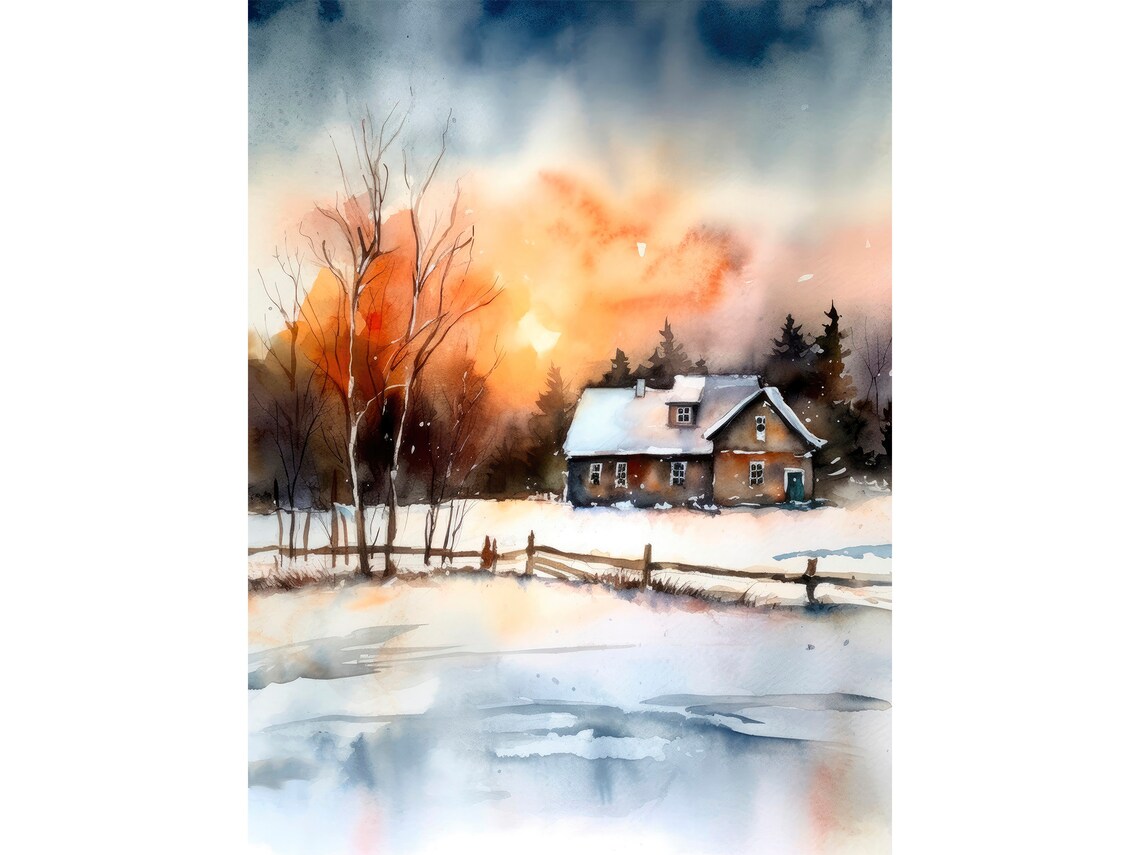 Minnesota Watercolor Art Print, Winter Forest Cabin Scene