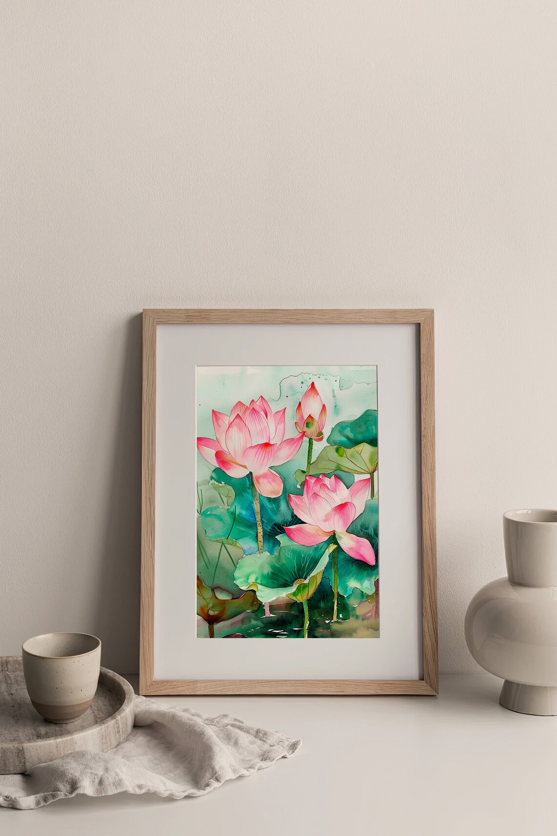 Stunning Pink Water Lilies Lotus Blossoms Pond Watercolor Poster - Image 3