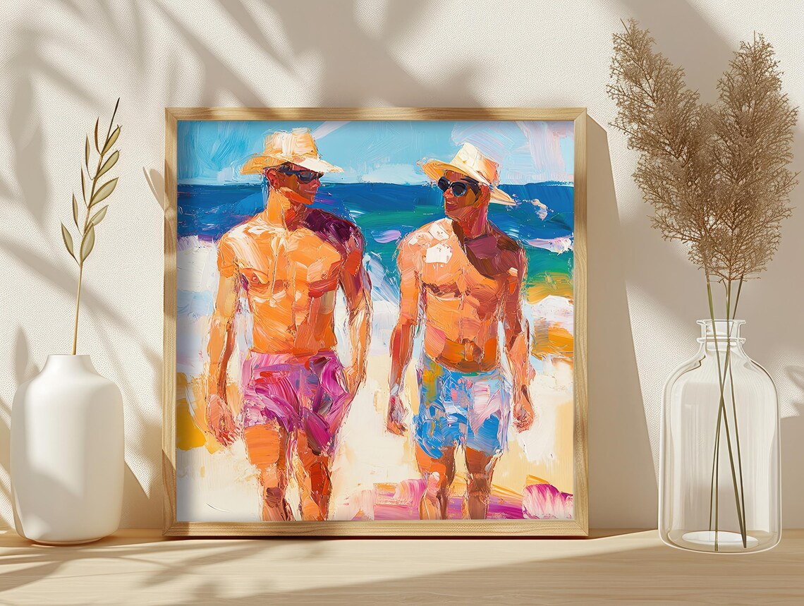 Two Men Beach Oil Painting Swimmers Sun Hats Summer Scene Poster - Image 3