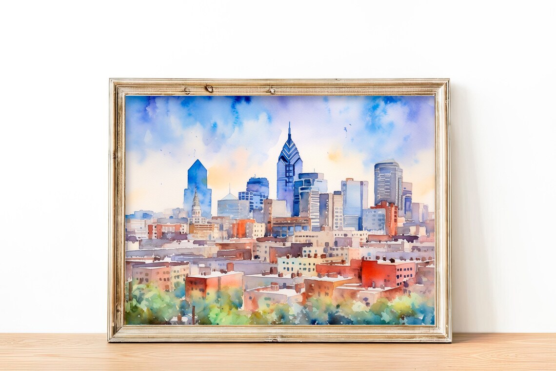Philadelphia Bright Skyline Cityscape Watercolor Urban Poster