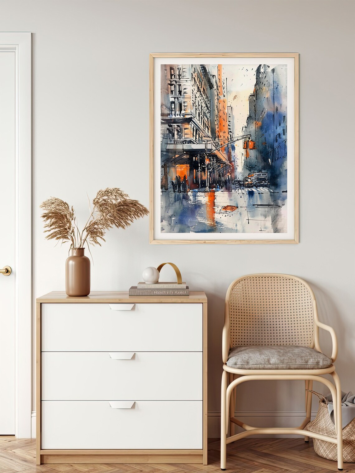 Rainy Manhattan Street Watercolor City Glow Traffic Light Poster - Image 5