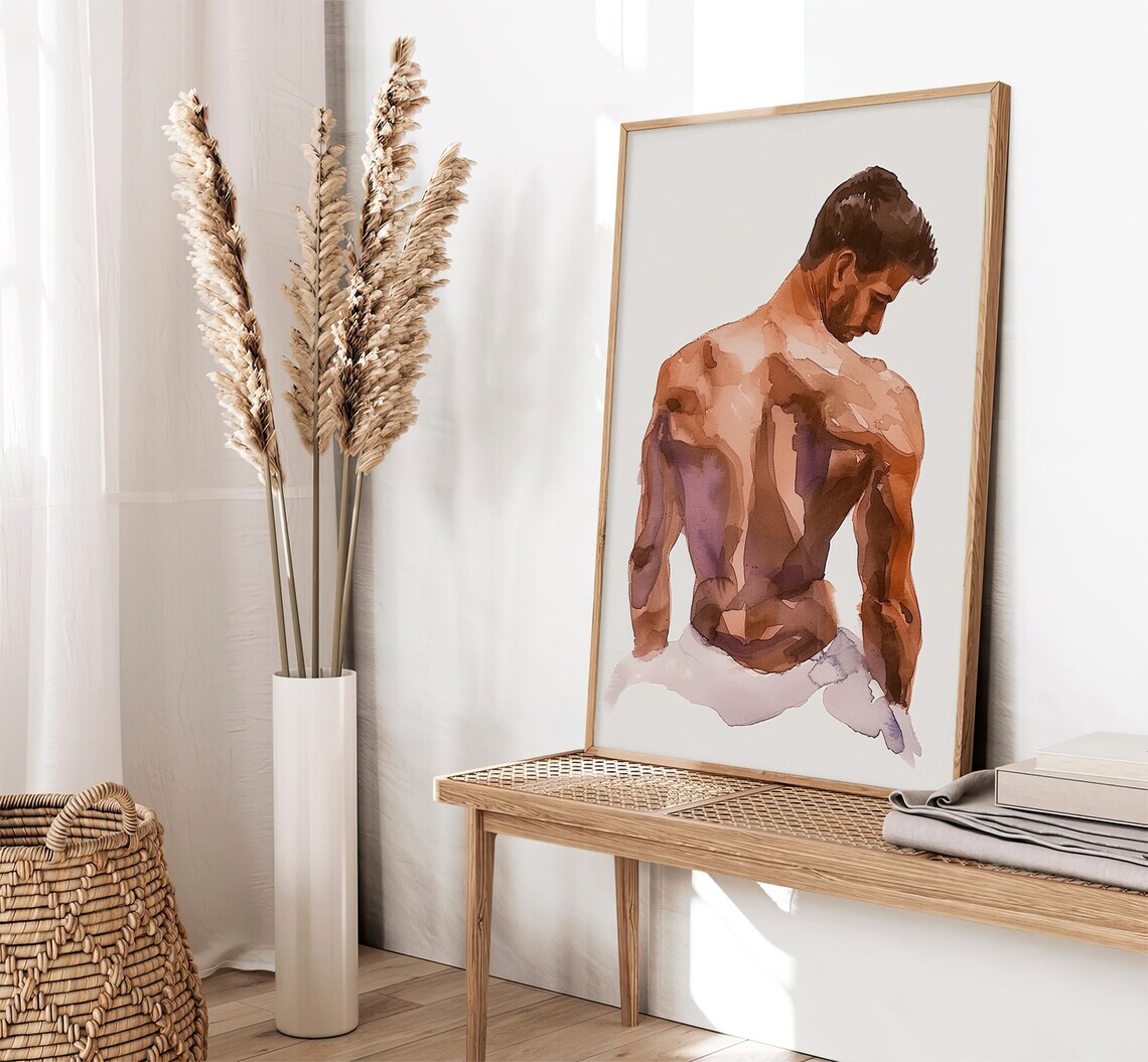 Male Back Figure Watercolor Seated Nude Study Fine Art Body Print - Image 2