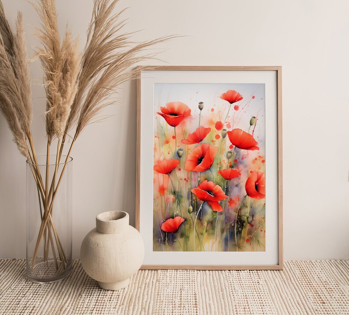 Stunning Vibrant Red Poppies Wildflower Meadow Watercolor Poster - Image 3