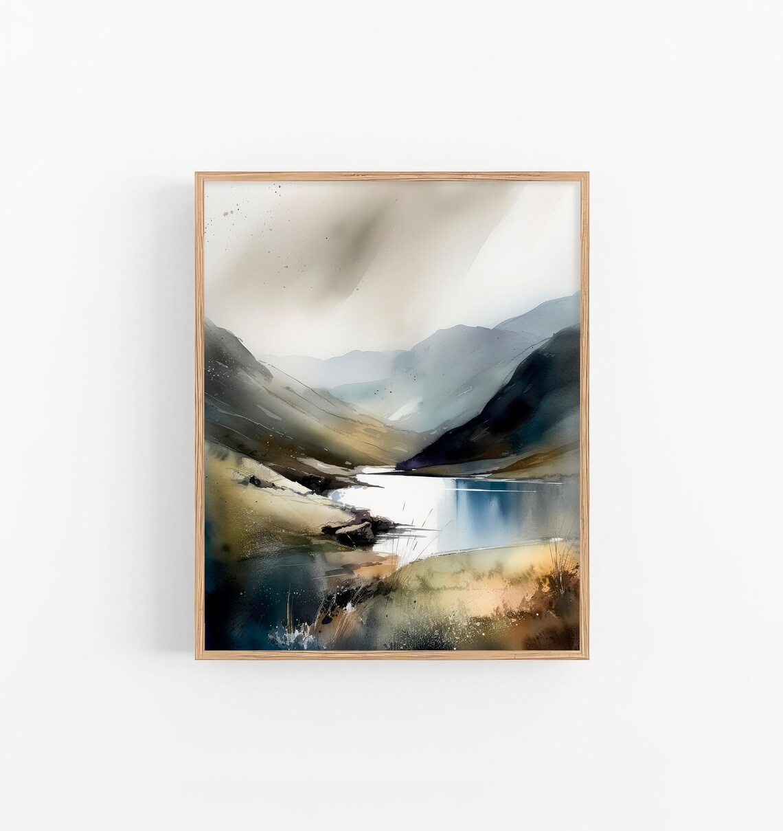 Lake District Watercolor Misty Mountain Lake Neutral Landscape Poster