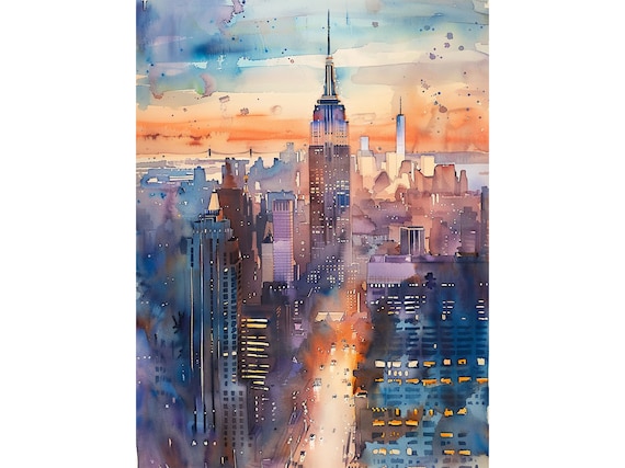 New York Sunset Skyline Watercolor Art Print