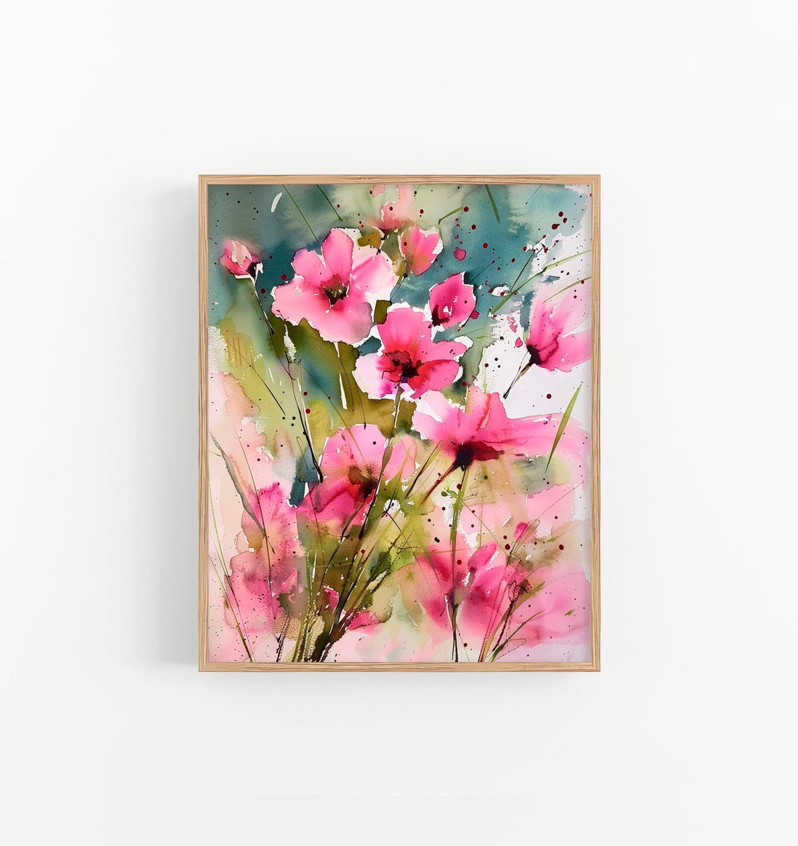 Pink Daisy Flowers Watercolor Abstract Wildflowers Modern Art Print