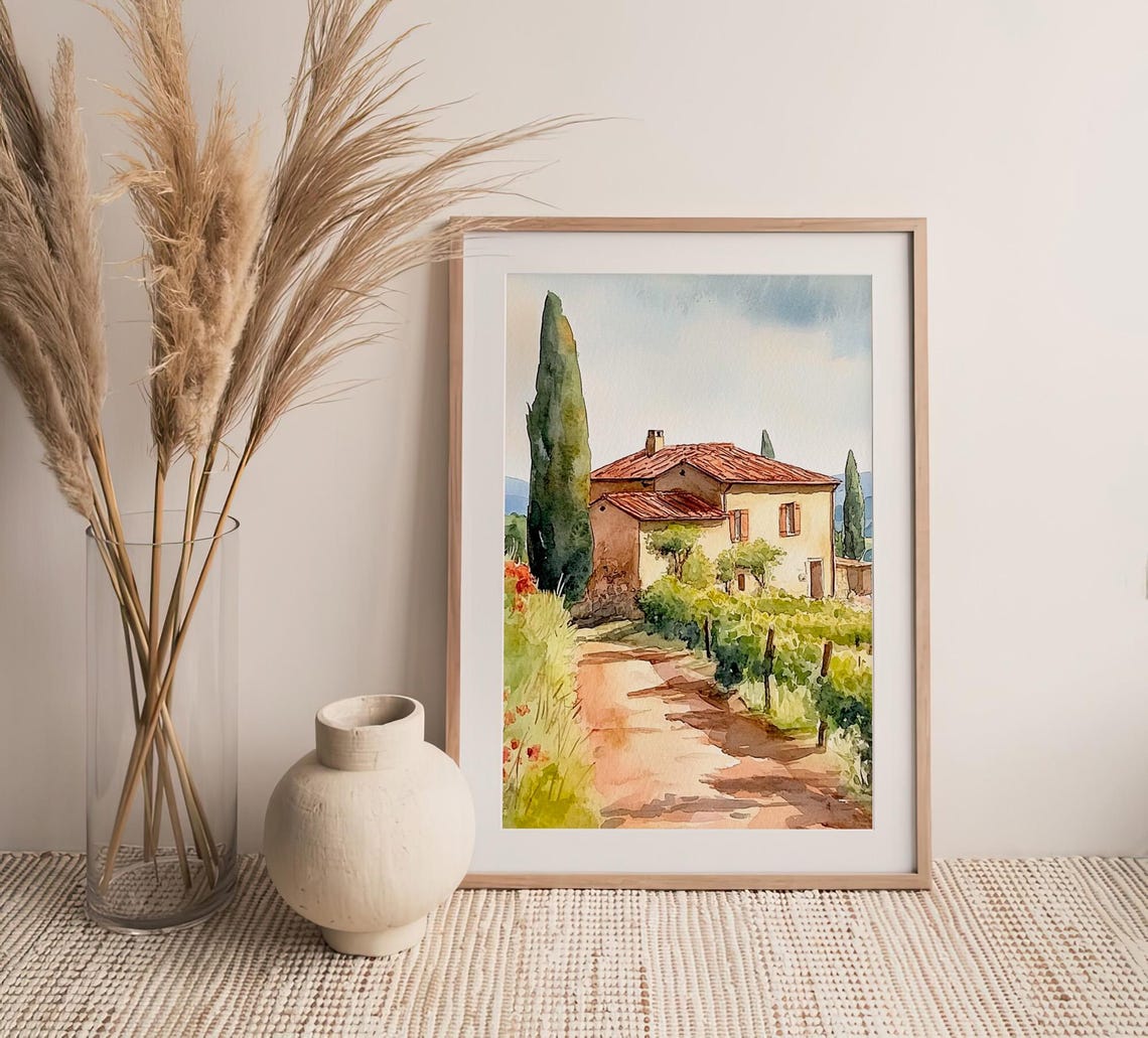 Stunning Tuscan Farmhouse Country Lane Italian Watercolor Poster - Image 4