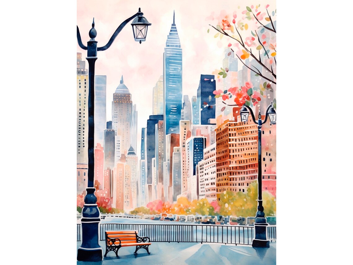 New York City Watercolor Travel Poster, Cityscape