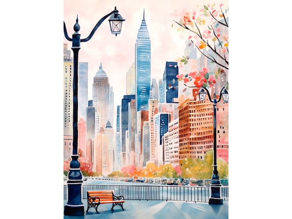 New York City Watercolor Travel Poster, Cityscape