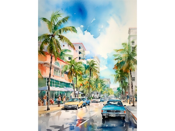 Miami Beach Watercolor Painting Florida Seascape Watercolor Art Print Palm Trees Artwork Wall Art By Feelingprints