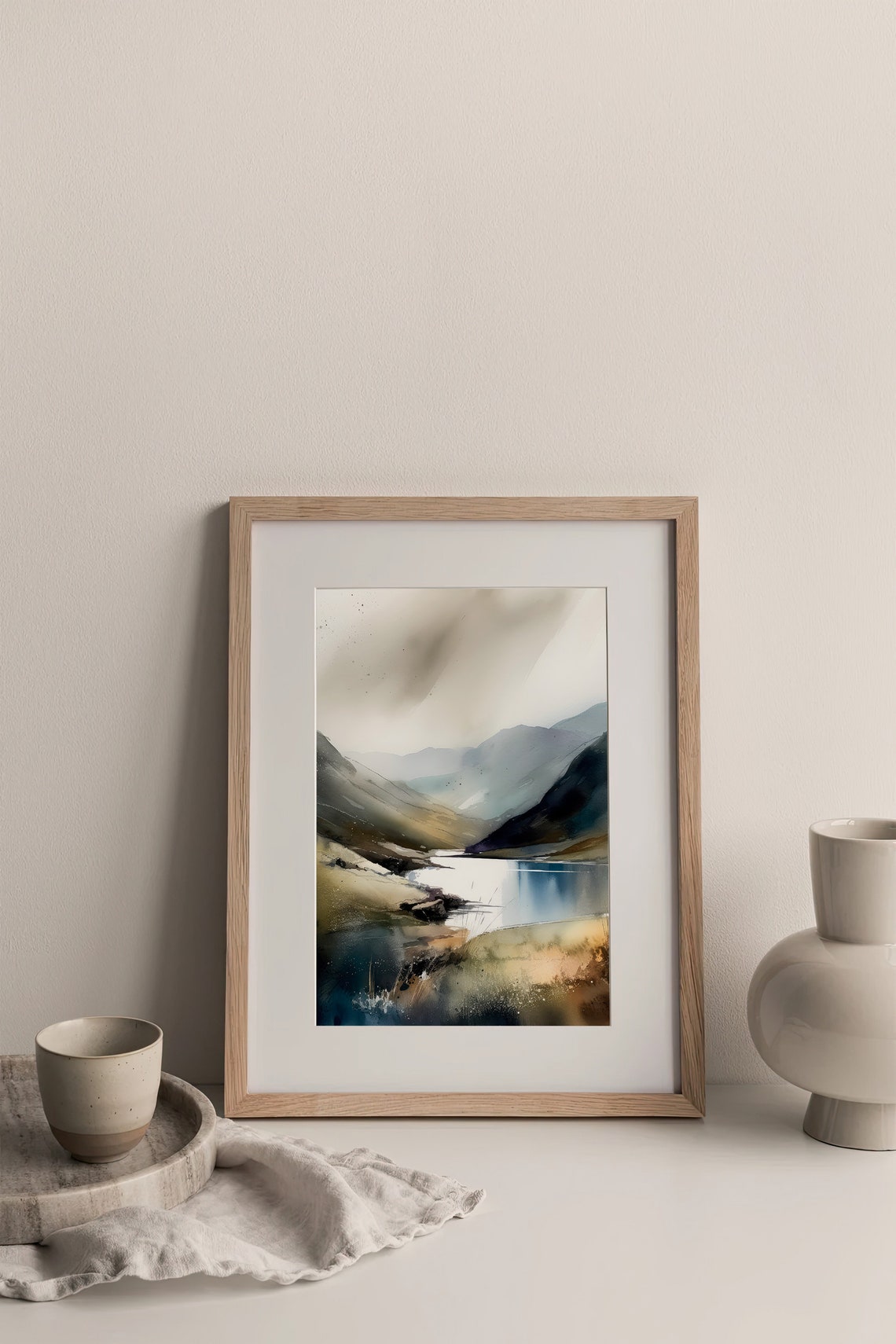 Lake District Watercolor Misty Mountain Lake Neutral Landscape Poster - Image 4