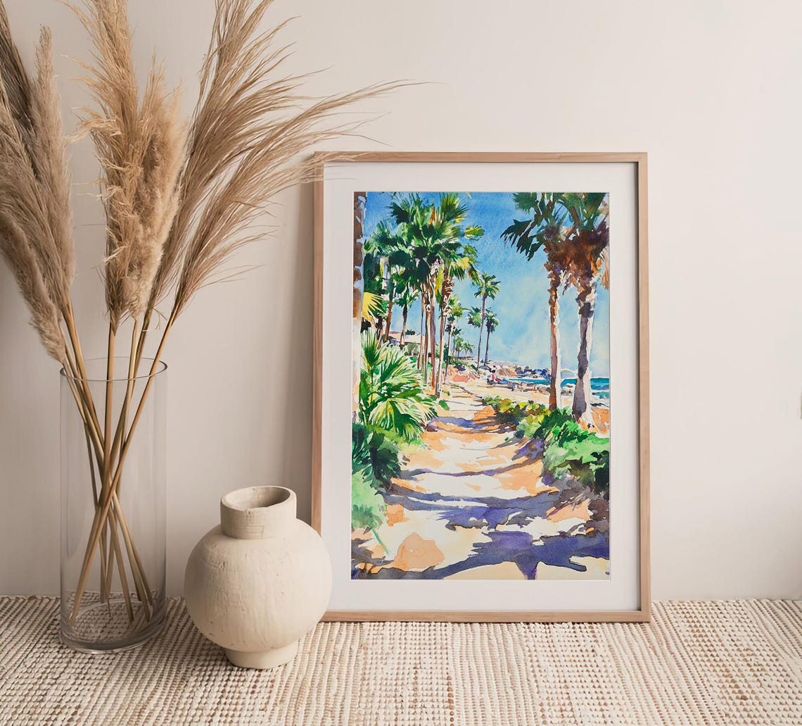 San Diego La Jolla Beach Palm Trees Coastal Watercolor Wall Art - Image 4