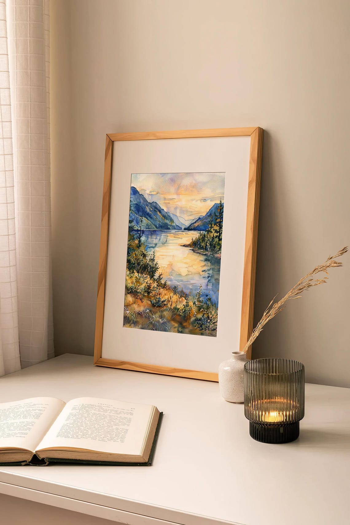 Stunning Columbia River Gorge Golden Lake Sunset Watercolor Poster - Image 2