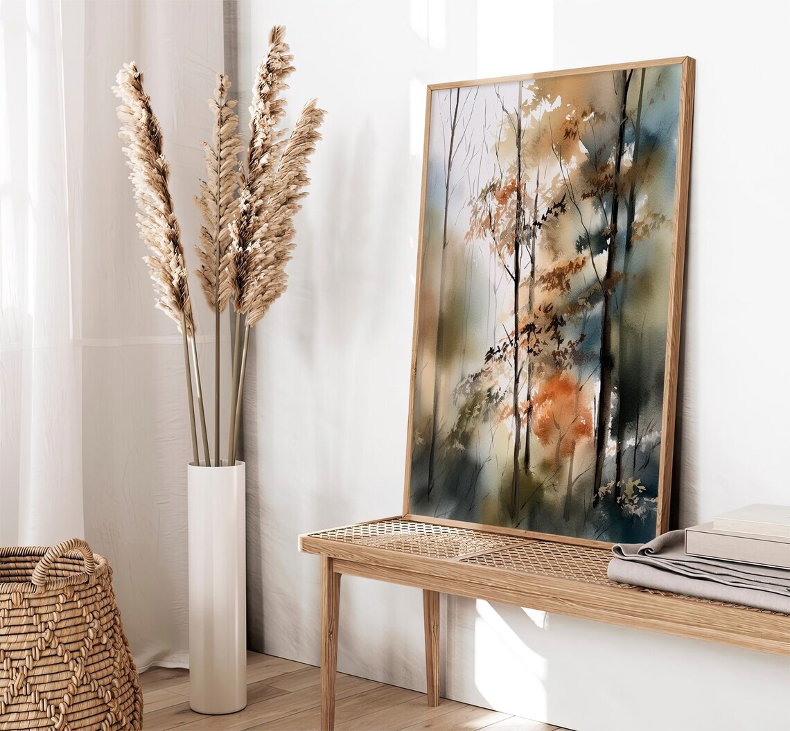 Misty Forest Watercolor Autumn Trees Amber Golden Woodland Poster - Image 3