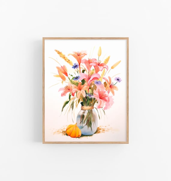 Pink Lilies Bouquet Glass Vase Autumn Watercolor Floral Still Life Poster
