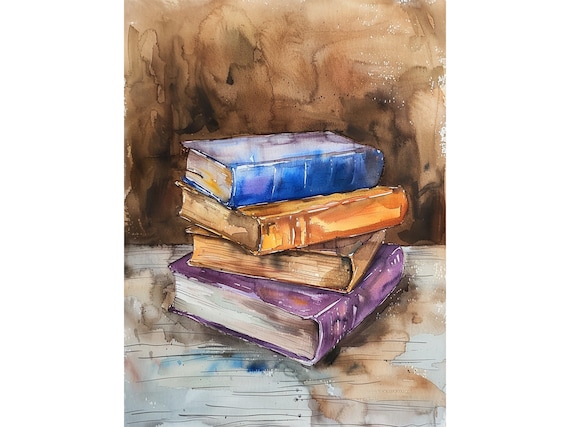 Books Watercolor Painting, Farmhouse Library Art Print