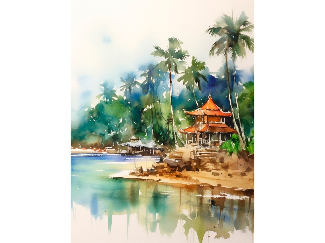 Bali Temple Pavilion Palm Beach Tropical Island Watercolor Poster