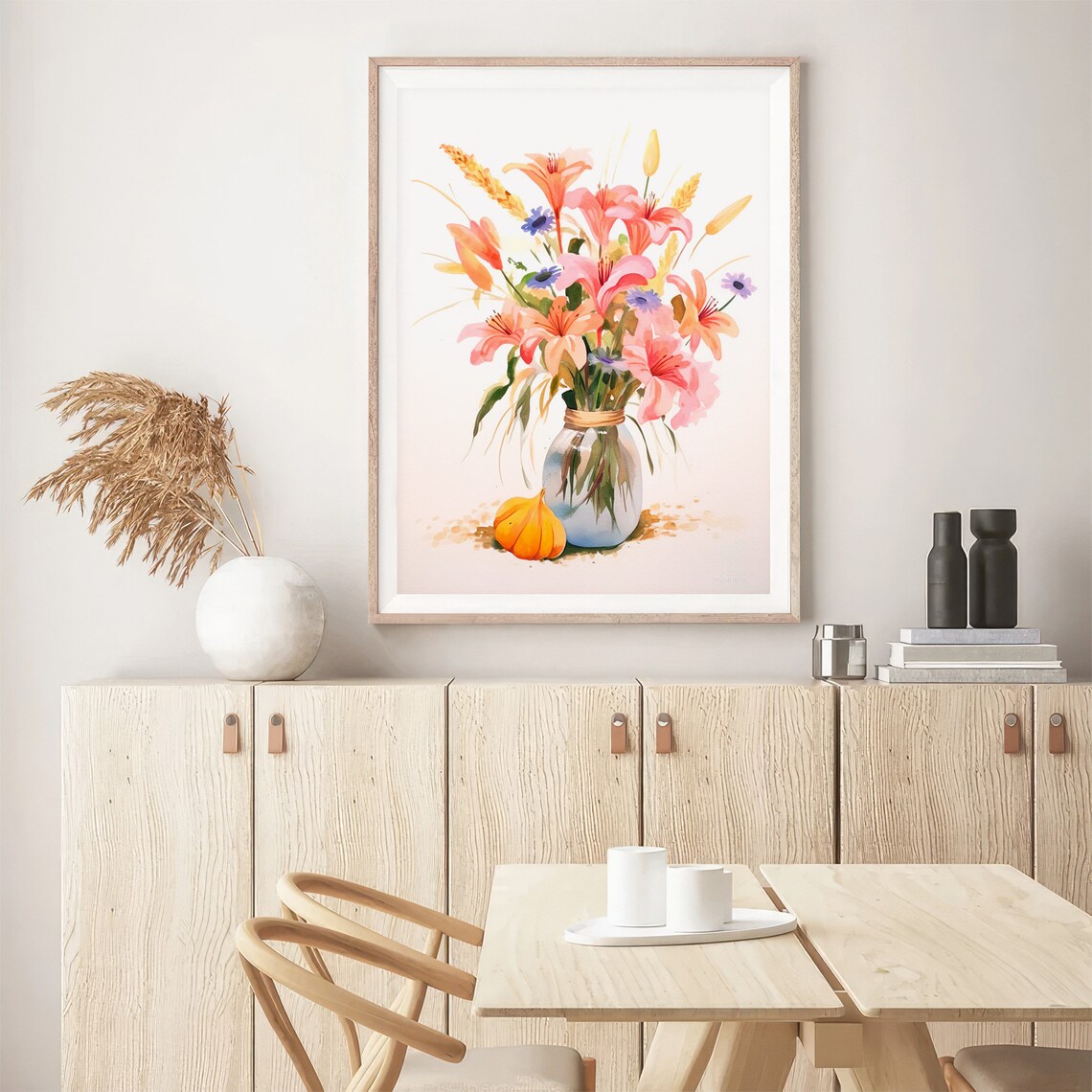 Pink Lilies Bouquet Glass Vase Autumn Watercolor Floral Still Life Poster - Image 5