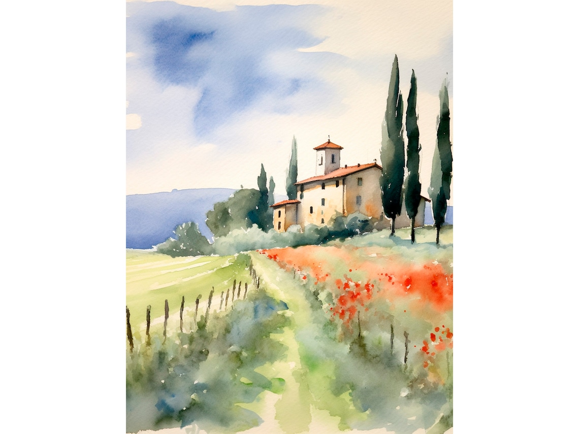 Tuscany Countryside Watercolor Art Print, Poppy Fields