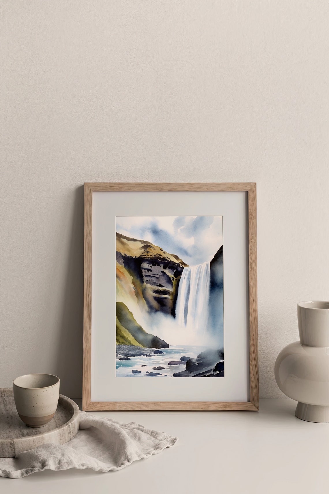 Skogafoss Waterfall Iceland Mist Cascade Watercolor Travel Poster - Image 3