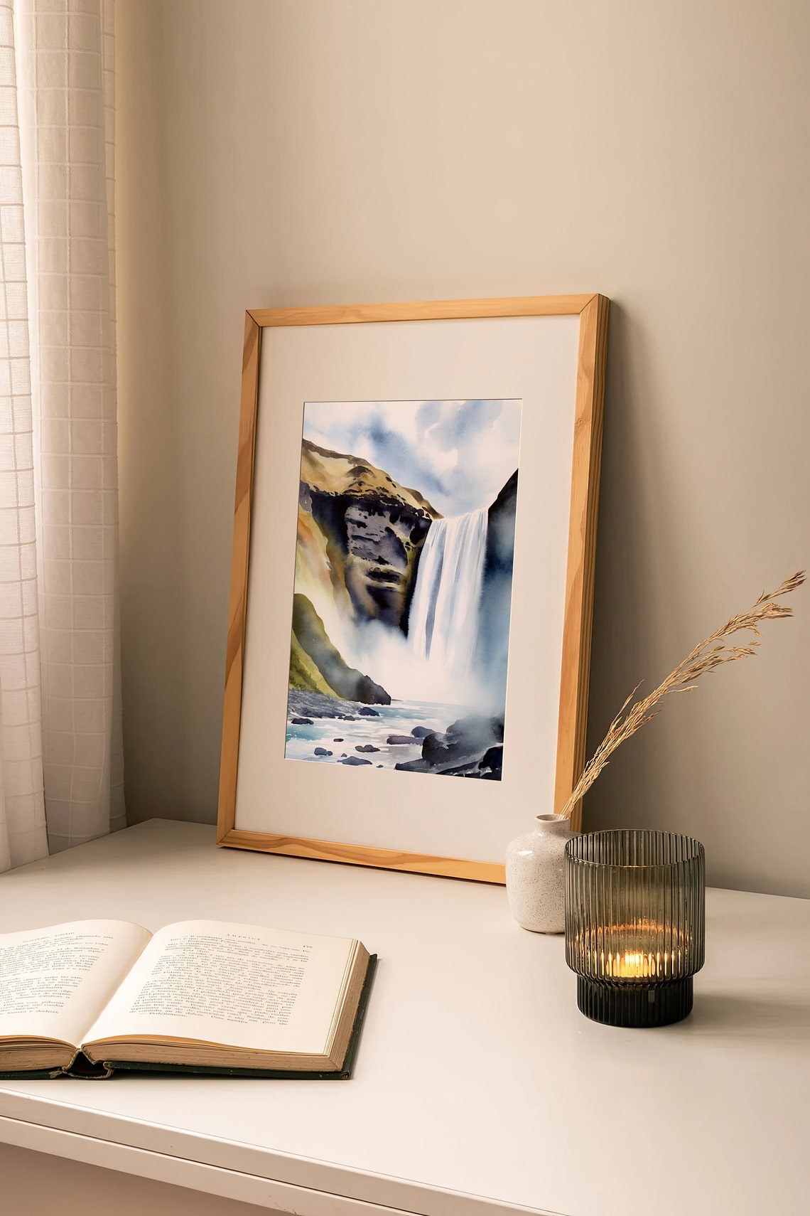 Skogafoss Waterfall Iceland Mist Cascade Watercolor Travel Poster - Image 2