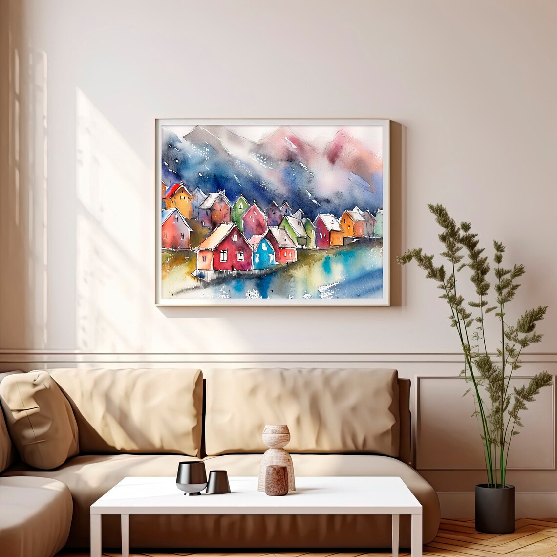 Nordic Fishing Village Colorful Scandinavian Houses Watercolor Poster - Image 2