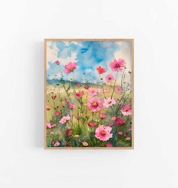 Cosmos Flowers Watercolor Art Print, Botanical Decor