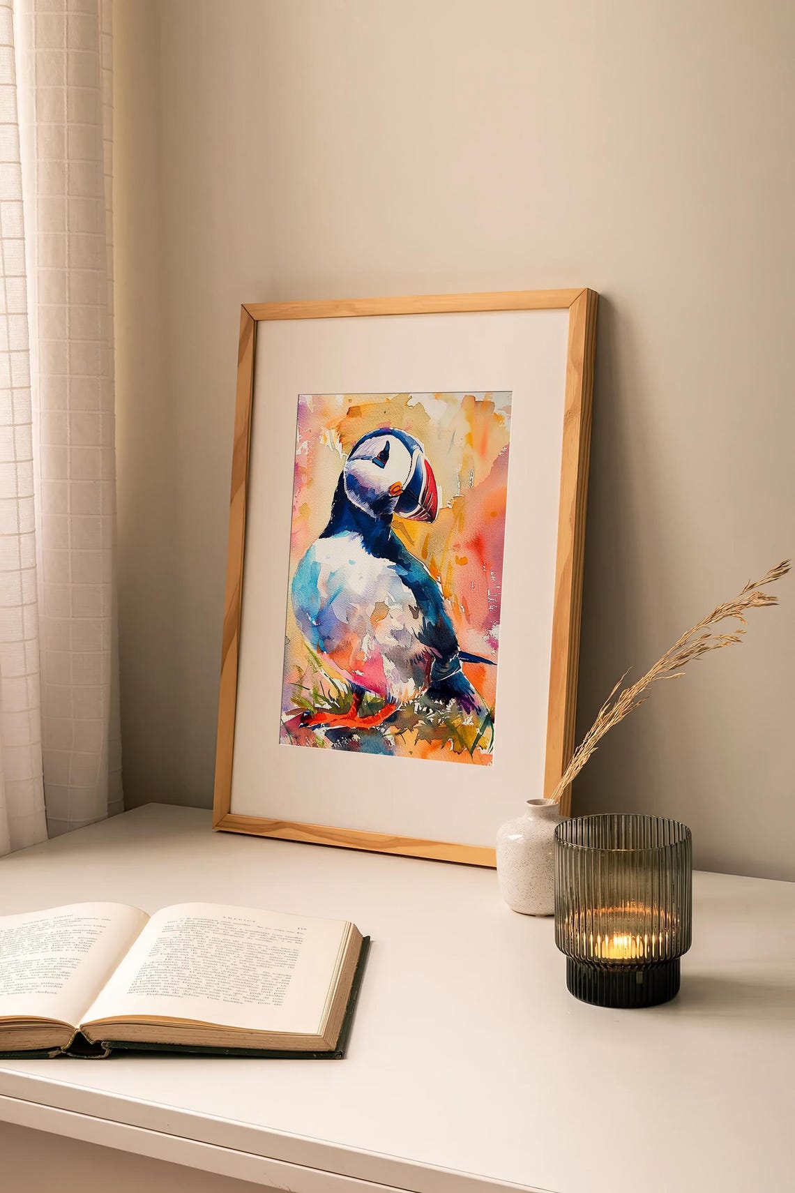 Atlantic Puffin Portrait Colorful Watercolor Wildlife Bird Wall Art - Image 2