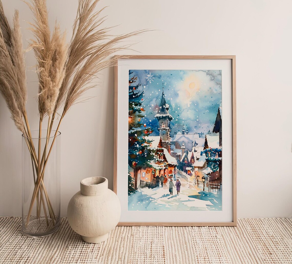 Snowy Christmas Village Church Moonlight Watercolor Holiday Poster - Image 3