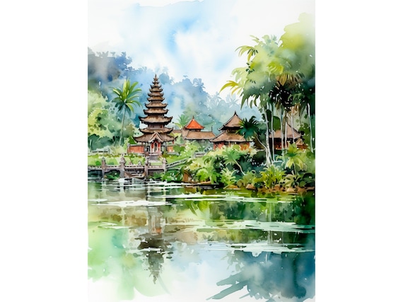 Bali Island Watercolor Art Print Indonesia Landscape Painting Travel Art Print