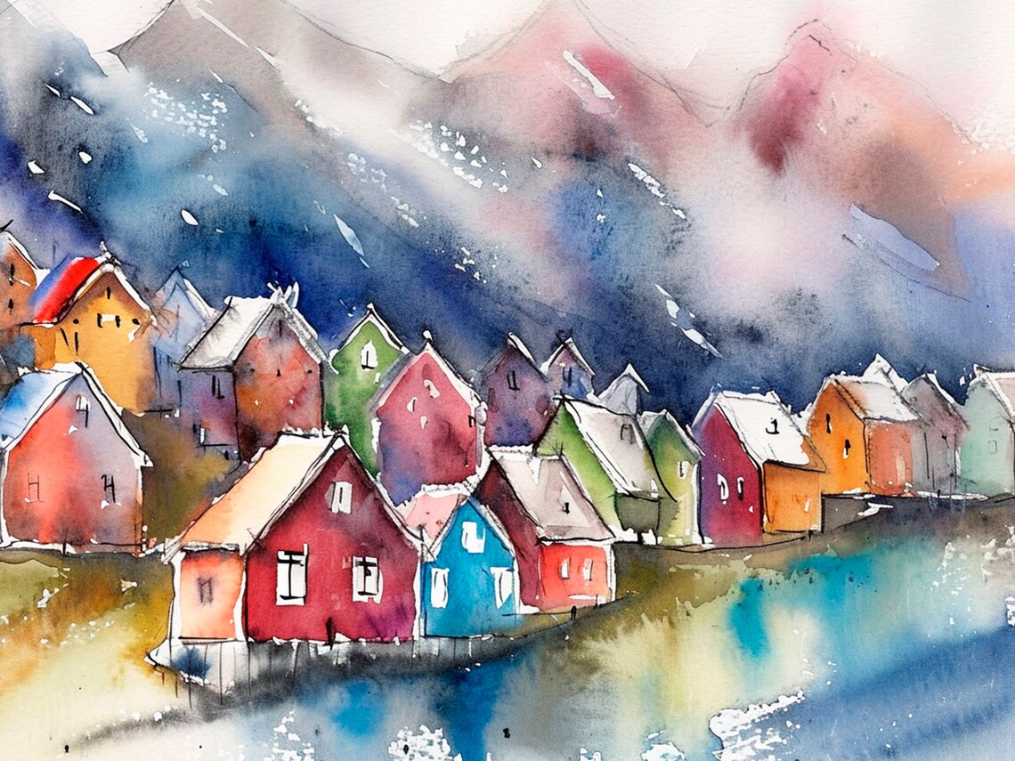 Nordic Fishing Village Colorful Scandinavian Houses Watercolor Poster