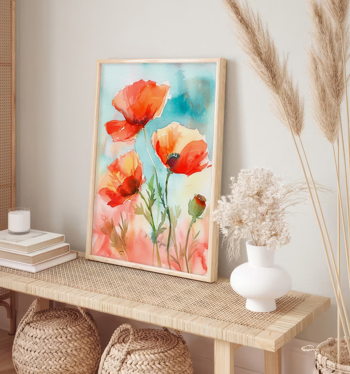 Red Orange Poppies Close Up Watercolor Floral Botanical Wall Art - Image 5